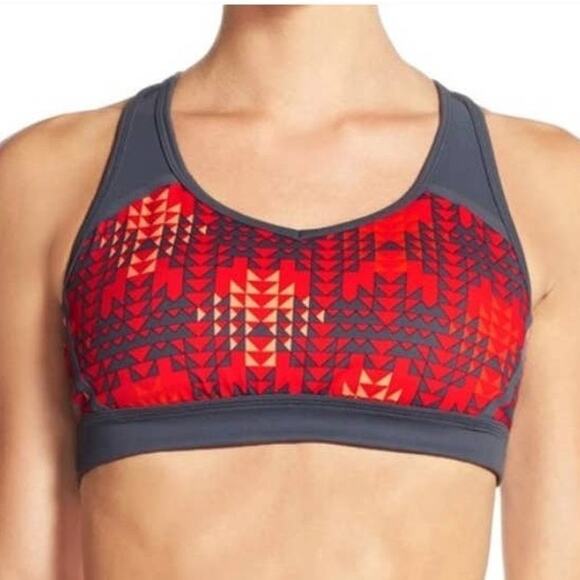 Zella Heartbeat Red Blaze Run Geo Print Sports Workout Activewear Bra Size Small - Picture 1 of 8